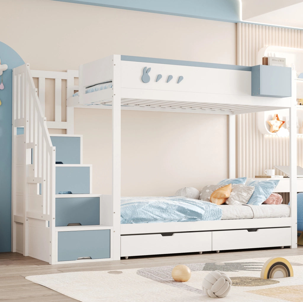 Letto a castello 90x200 cm bianco e blu con cassetti