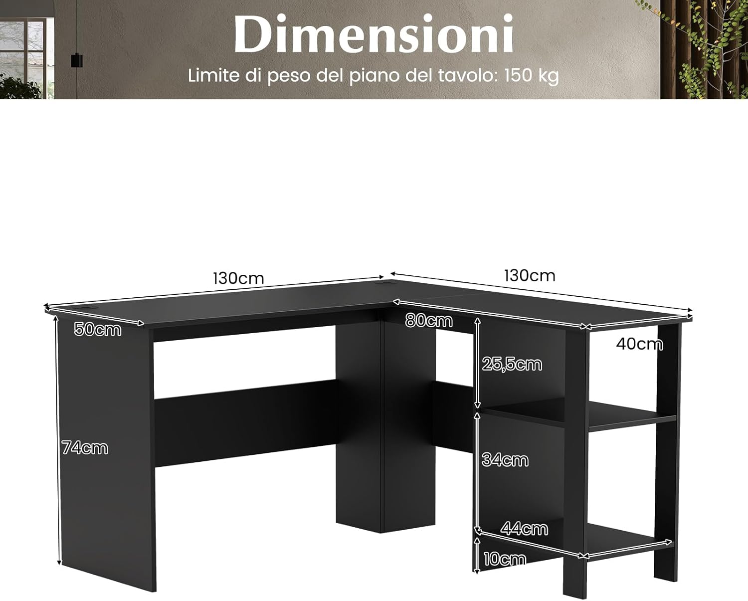 Scrivania Angolare per Computer con Ripiani, Scrivania Porta PC in Legno, Scrivania Salvaspazio e Moderna per Ufficio e Studio, 130 x 130 x 72,5 cm, Nero (Nero)