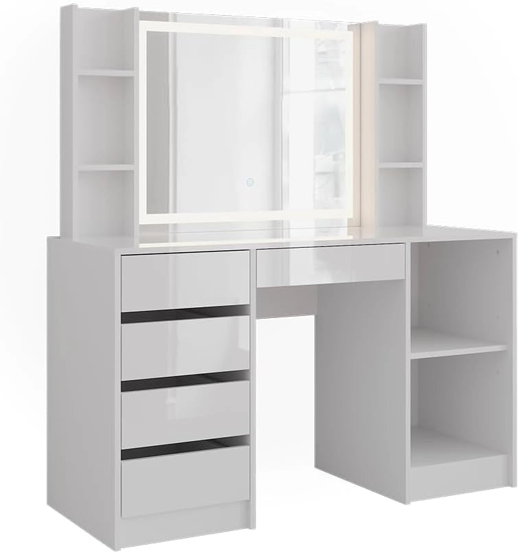 Tavolo da toeletta Sherry, Bianco/bianco lucido, 128.2 cm con specchio LED