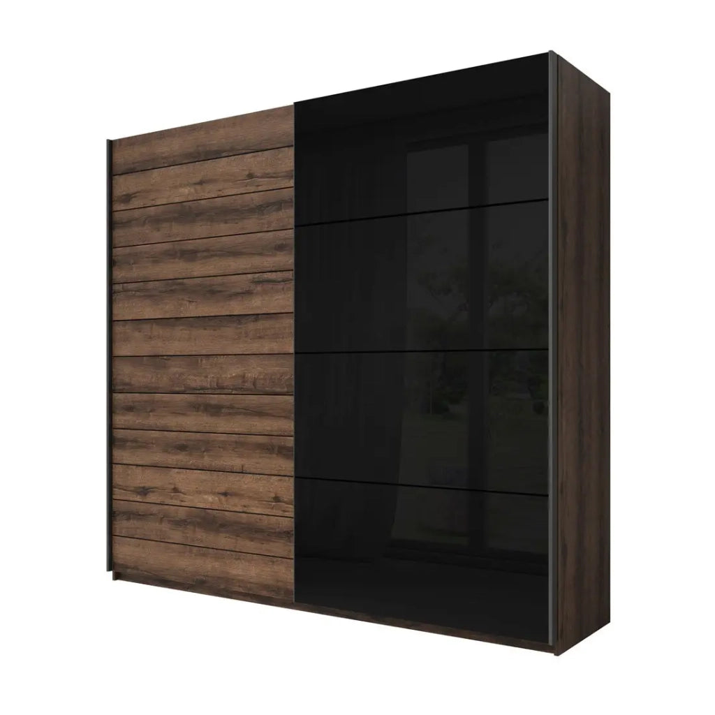 Camera da letto FLOYD: Armadio 220cm, Letto 140x200, comò, comodini. Colore quercia scura e nero lucido.