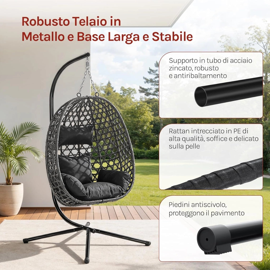 Poltrona Sospesa a Uovo, Sedia Sospesa con Supporto in Metallo, Cuscino e Poggiatesta, Altezza Regolabile, in Rattan PE, per Giardino, Terrazza, 102x100x196 cm, Nero
