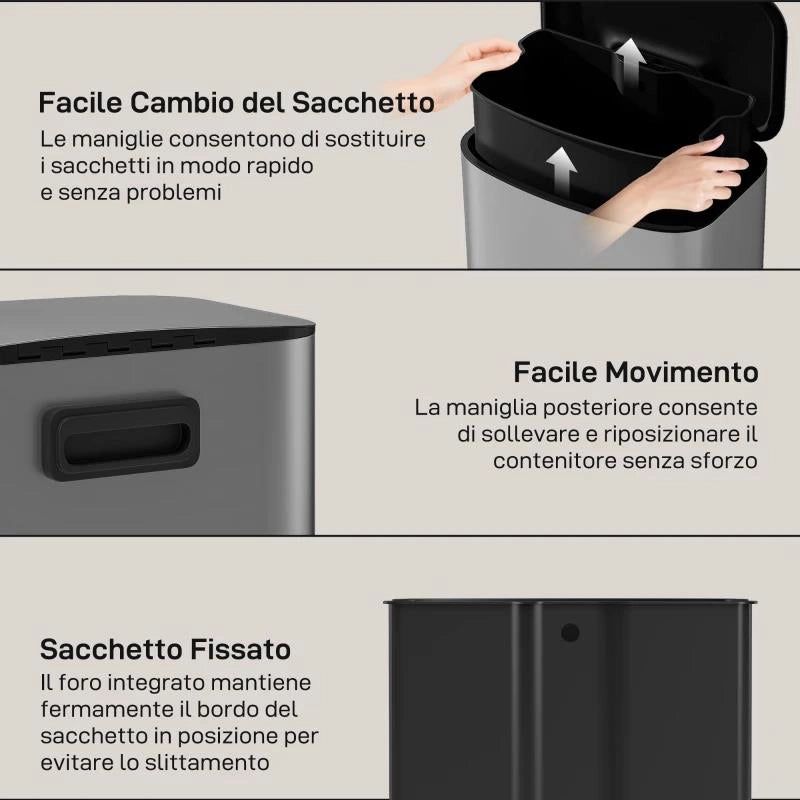 PATTUMIERA A PEDALE DA 50L CON COPERCHIO AMMORTIZZATO, APERTURA A 90¦ E SECCHIO RIMOVIBILE, ACCIAIO INOX, GRIGIO