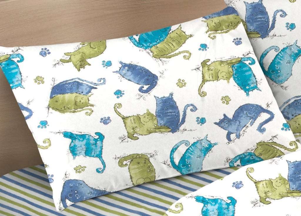 Completo Lenzuola Letto 100% Cotone Disegno Gatti Animali Micio Colorato Mod RP Made In Italy - 2 Piazze - Blu