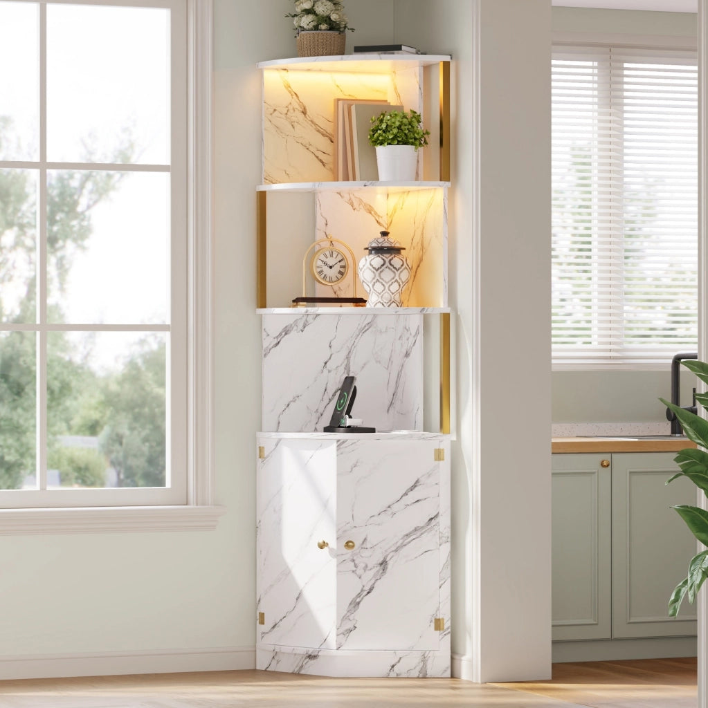 Mobile angolare alto con vani aperti e ante; 38 x 38 x 180 cm; in MDF bianco
