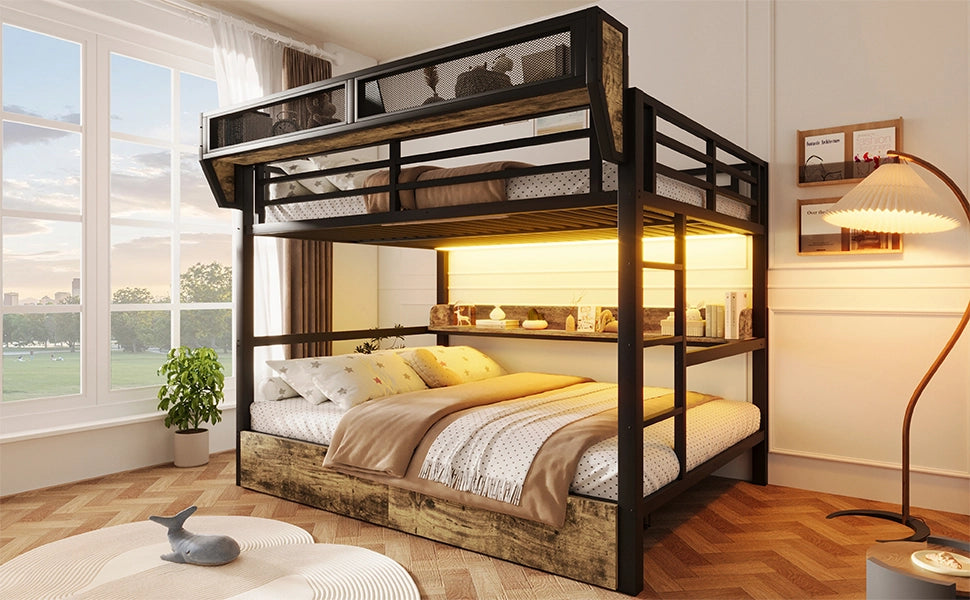 LETTO A CASTELLO 140x200 cm Metallo e MDF Nero con LED e 2 cassetti