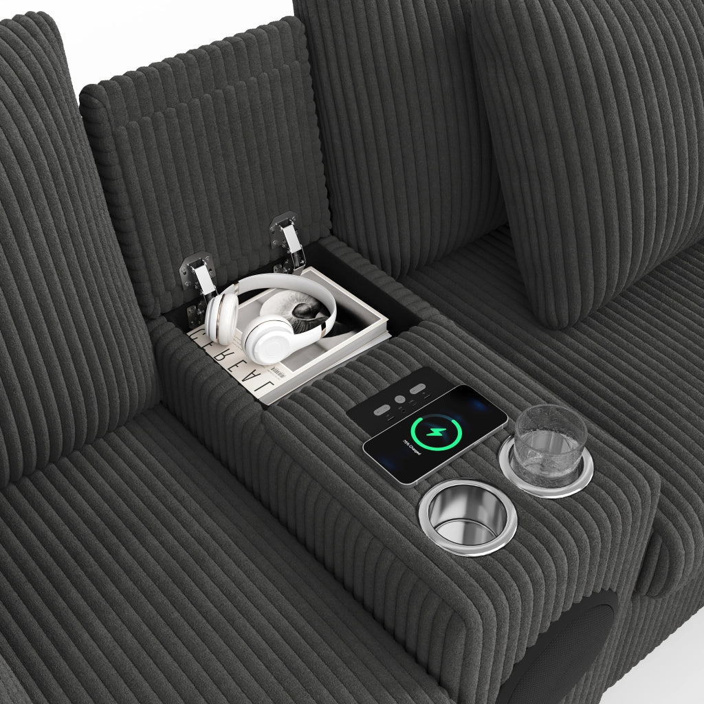 Divano modulare ad angolo a U con audio Bluetooth, consolle, USB, ricarica wireless e portabicchieri, in velluto a coste Grigio