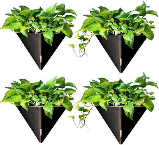 Pannelli per piante da parete autoirriganti in vetro nero geometrico 12 pollici, 4 pezzi, con hanger metallico, stile moderno e design di parete.