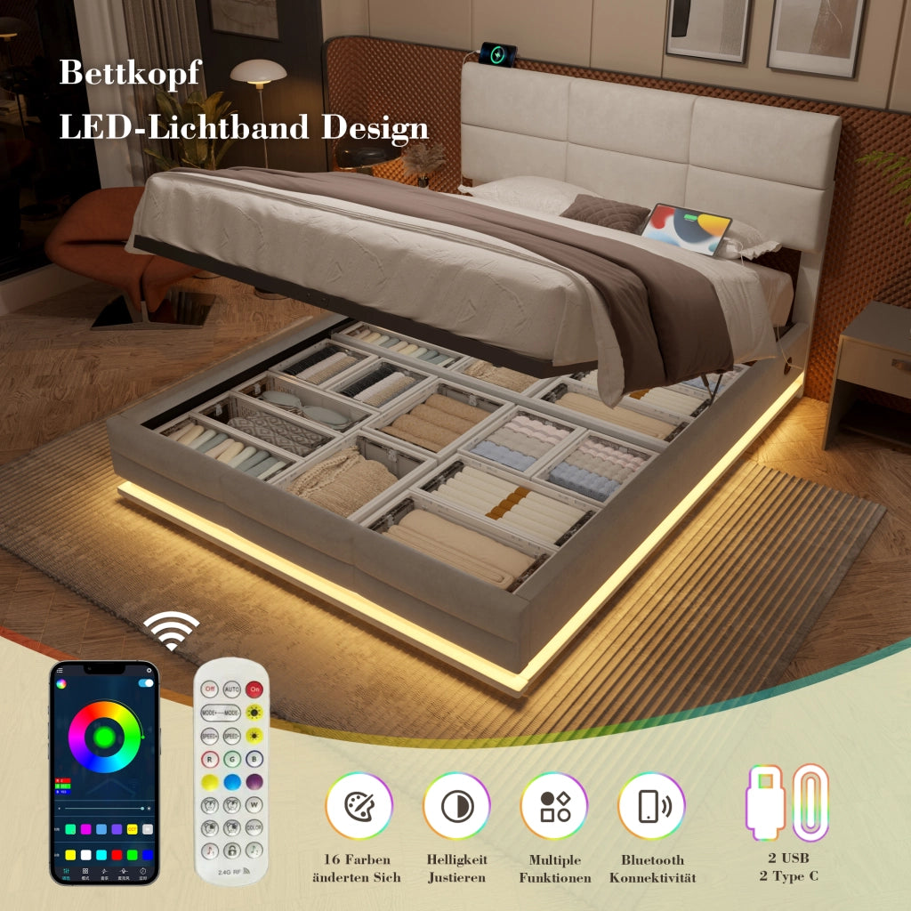 LETTO 140x200 cm in velluto beige con testiera regolabile, LED, USB e vano contenitore