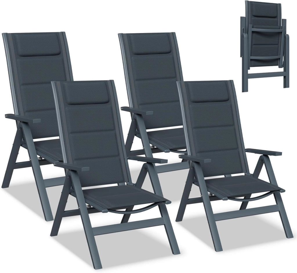 Set 4 Sedie da Giardino Pieghevoli in Alluminio - Poltrona da Giardino Esterna Regolabile in 7 Posizioni, Sedia Portatile a Schienale Alto Adatta a Tutte Tavole per Giardino, Terrazza, Piscina