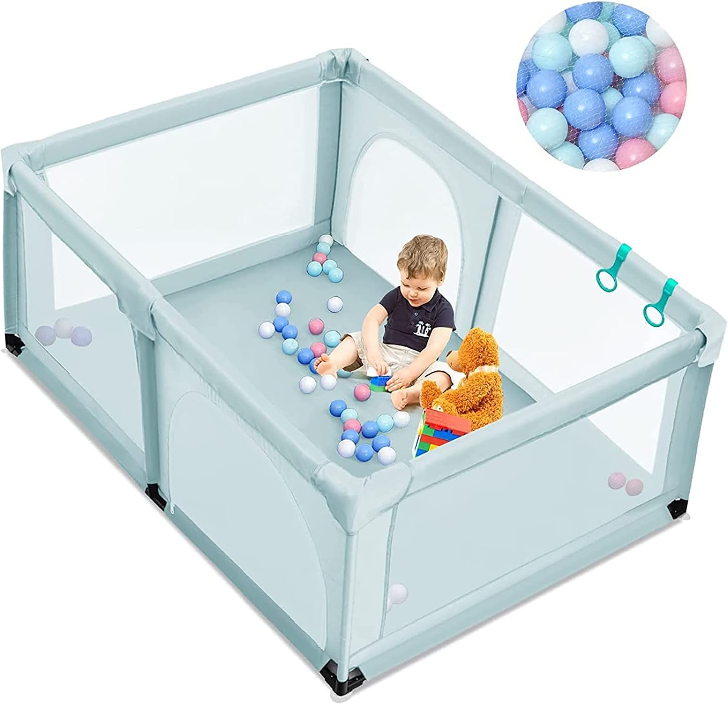 Box per Bambini, Centro Attività Portatile e Sicuro per Bambini, Box Colorato con Cancello, Recinto Extra per Interno ed Esterno con Rete Traspirante Durevole (Blu)