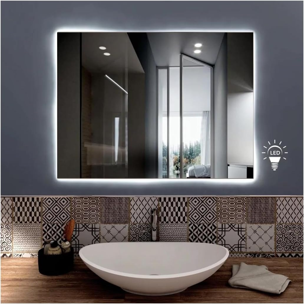 Specchio Bagno Rettangolare Saturno 60x70cm, Specchio Parete Retroilluminato a LED, Accensione Soft Touch e Dispositivo Anti Appannante, Telaio in PVC, Kit Fissaggio Murale Incluso, IP65