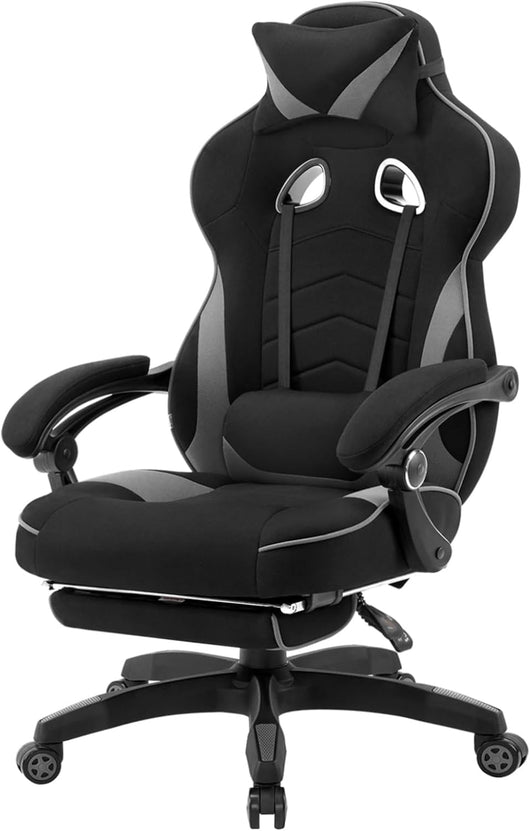 Sedia da Gaming Tessuto Traspirante, Fresco D'estate, Poltrona Gamer Ergonomica con Poggiapiedi, Schienale & Sedile Grandi Comodo, Nero+Grigio