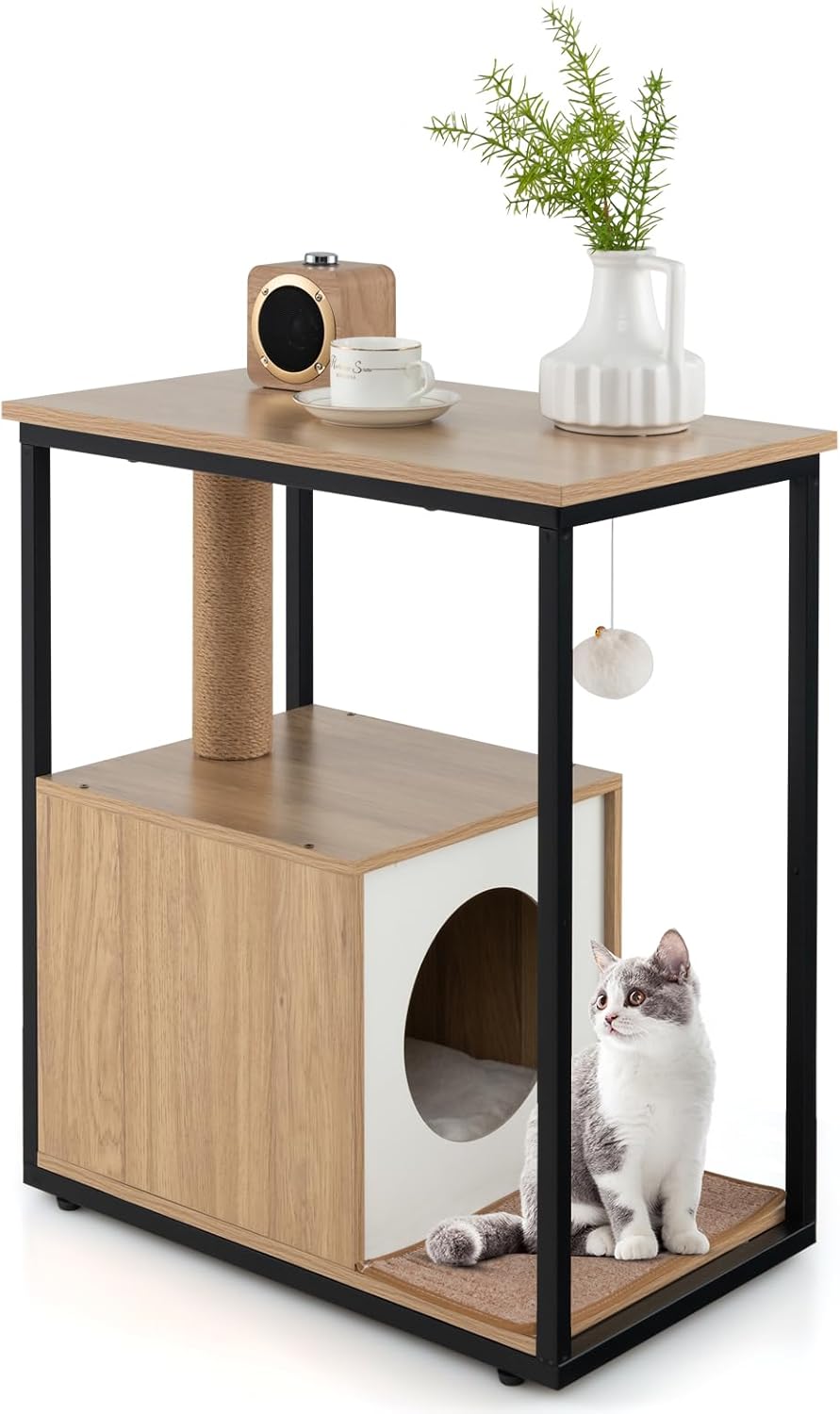 Cuccia per Gatti, Casetta per Gatti con Giocattolo a Palla Pensile e Dispositivo Anti-Ribaltamento, Tavolino Moderno e Multisuo con Case per Gatti, 60 x 36 x 66 cm(Naturale)