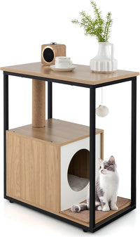 Cuccia per Gatti, Casetta per Gatti con Giocattolo a Palla Pensile e Dispositivo Anti-Ribaltamento, Tavolino Moderno e Multisuo con Case per Gatti, 60 x 36 x 66 cm(Naturale)