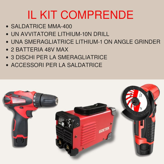 Set Saldatrice Inverter 400A MMA IGBT, + Mini Avvitatore + Mini Smerigliatrice, con 2 Batterie 48V e Caricatore, Kit Professionale Compatto e Potente con Display LED, 3 Dischi, Elettrodo e Lift TIG