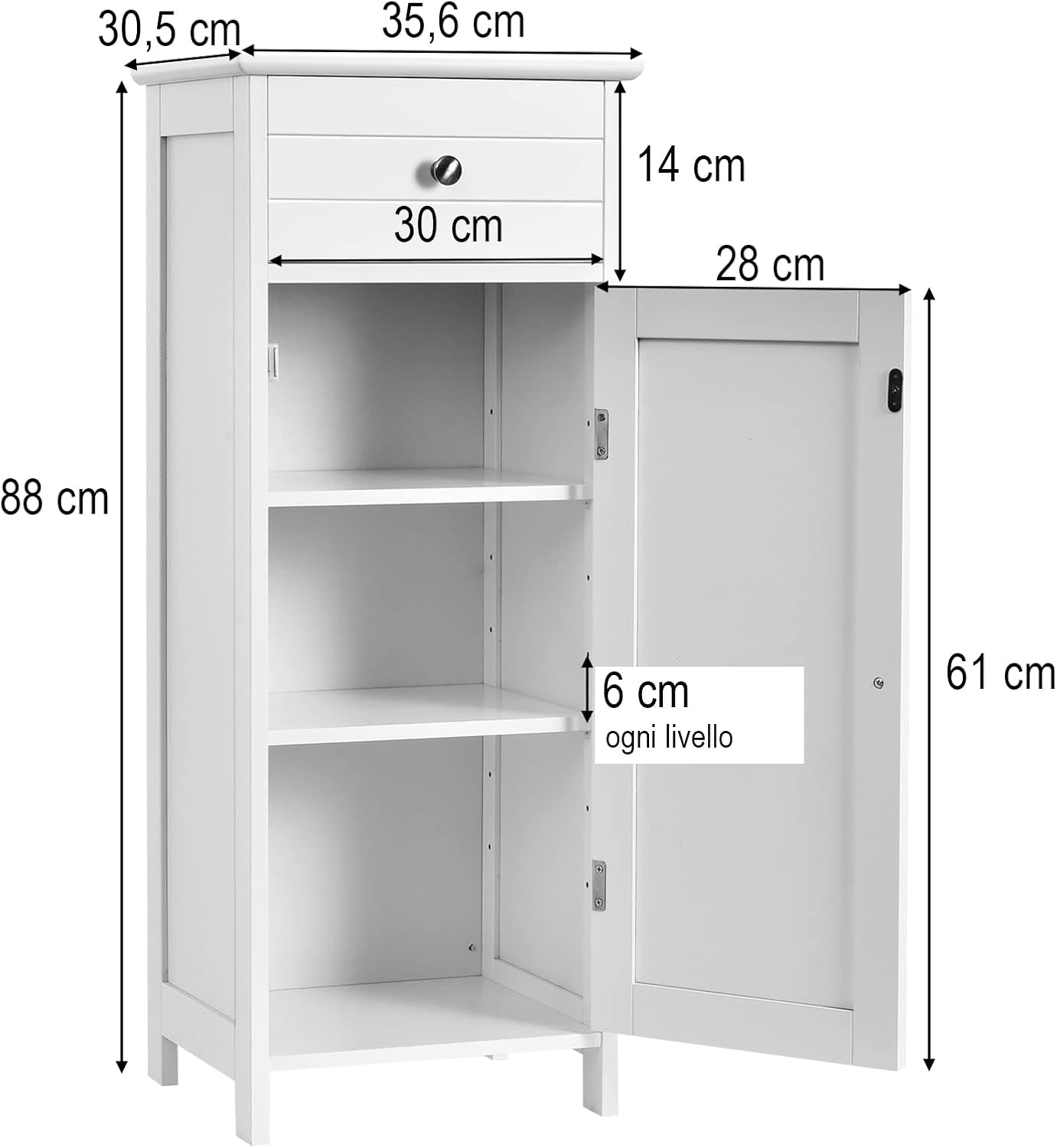 Armadio da Terra per Bagno, Mobile Armadietto con Cassetto, in MDF (E1) di Alta Qualità (Bianco)