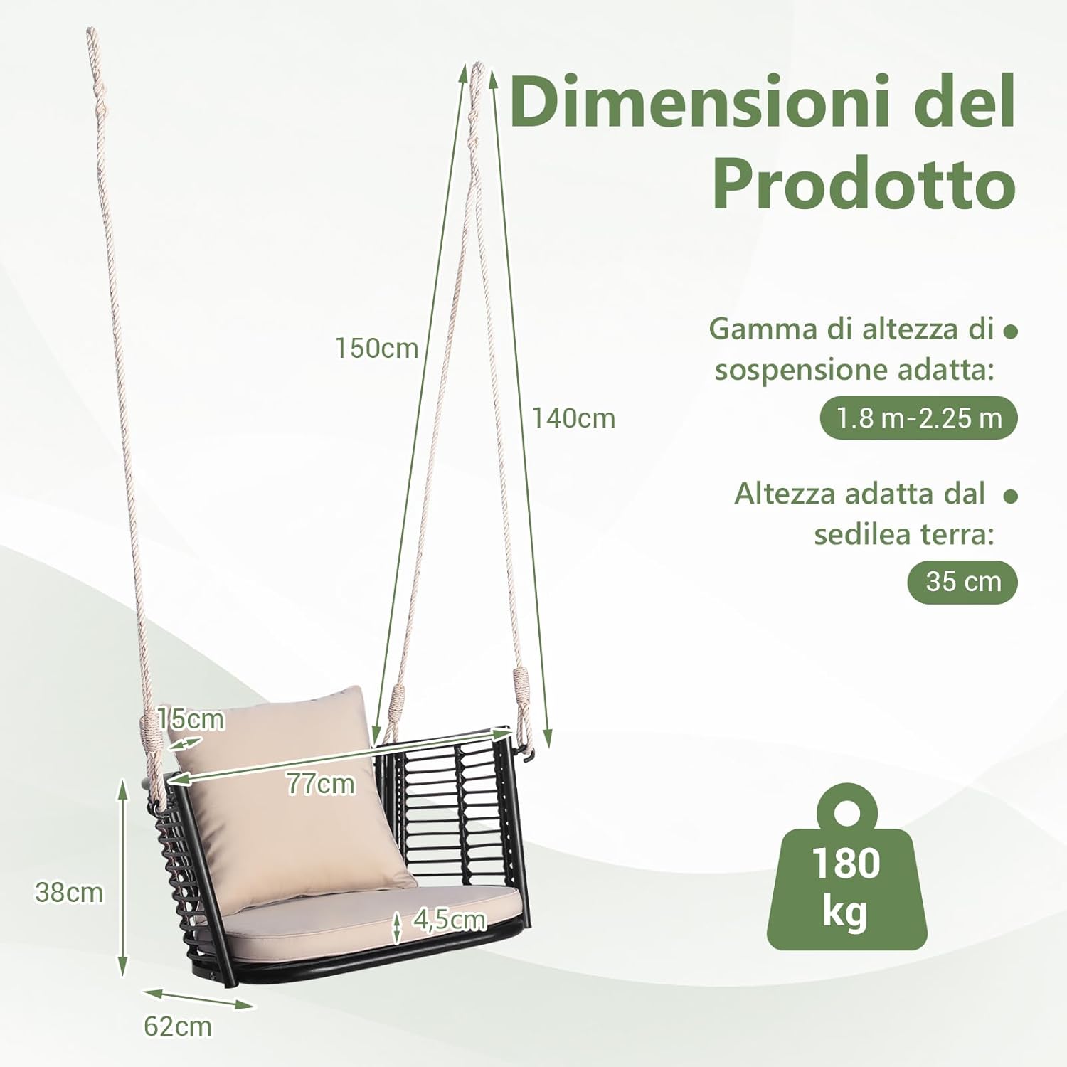 Altalena da Giardino in Rattan PE, Sedia Pensile con Cuscino e Schienale, Altalena per Portico con Telaio Metallico e 2 Corde, Portata 180 KG (Beige)