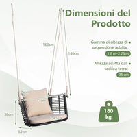 Altalena da Giardino in Rattan PE, Sedia Pensile con Cuscino e Schienale, Altalena per Portico con Telaio Metallico e 2 Corde, Portata 180 KG (Beige)