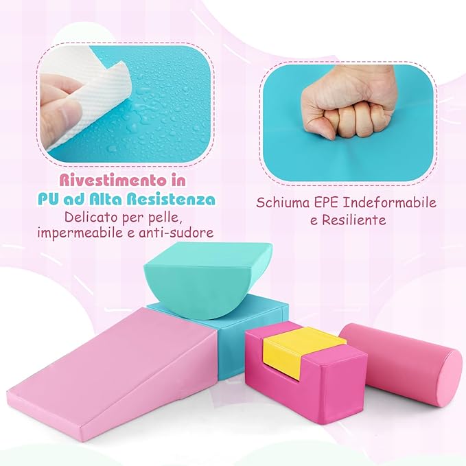 Set di 6 Blocchi per Bambini con Diverse Forme e Colori, Centro Attività Palestrina Giocattolo per Arrampicata e Strisciamento (Rosa scuro)