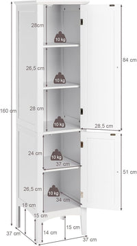 Mobile da Bagno Alto con 2 Ante, Armadio da Terra con 5 Vani, Mobile Colonna per Bagno Cucina Soggiorno, 37 x 37 x 160 cm (Bianco)