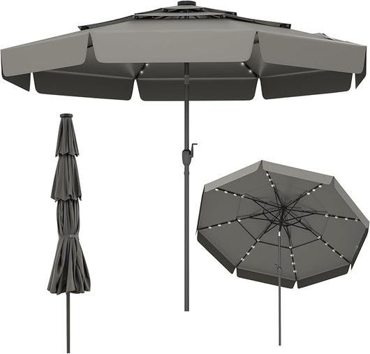 Ombrellone Esterno 300 cm, con 32 Luci LED, Ombrellone Giardino con Regolazione Inclinazione, Manovella e 8 Stecche, Parasole da Esterno con Tettuccio Ventilato a 3 Livelli