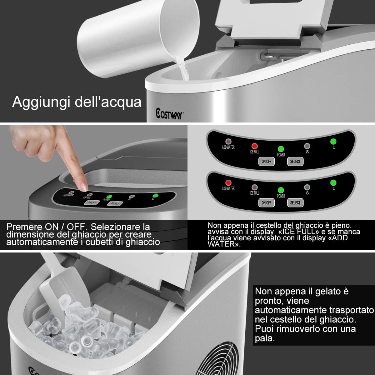 Fabbricatore di Ghiaccio 12kg/24h, Macchine per Cubetti di Ghiaccio, Produttore per Ghiaccio con Serbatoio 2,2L (Argento)