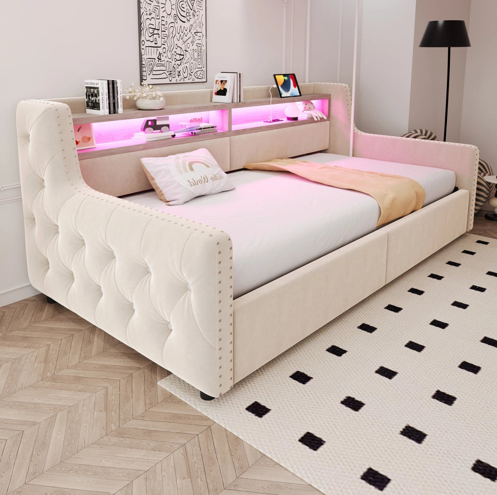 Divano letto imbottito 90x200 cm con vano contenitore e LED beige