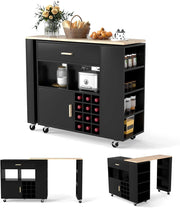 2 in 1 Carrello da Cucina, Carrello di Servizio Reversibile con Piano in Legno di Gomma, Ripiano Regolabile Porta Calici per 12 Bottiglie, 120x40x100 cm (Nero)