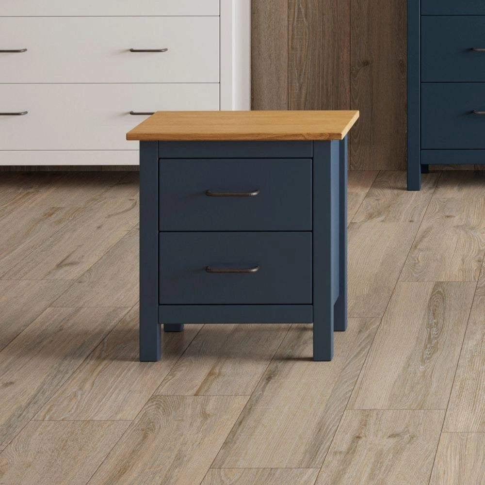 Comodino Miranda blu con top pino e 2 cassetti in legno massiccio