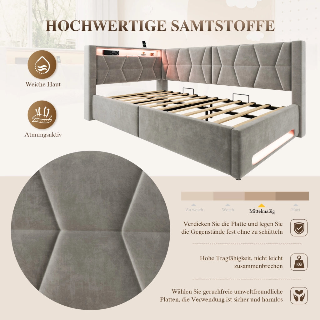LETTO Contenitore 90x200 cm in velluto grigio scuro con LED, USB e Type-C