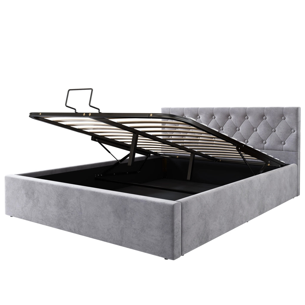 Letto matrimoniale in velluto grigio 140x200 cm con testiera capitonné e contenitore idraulico
