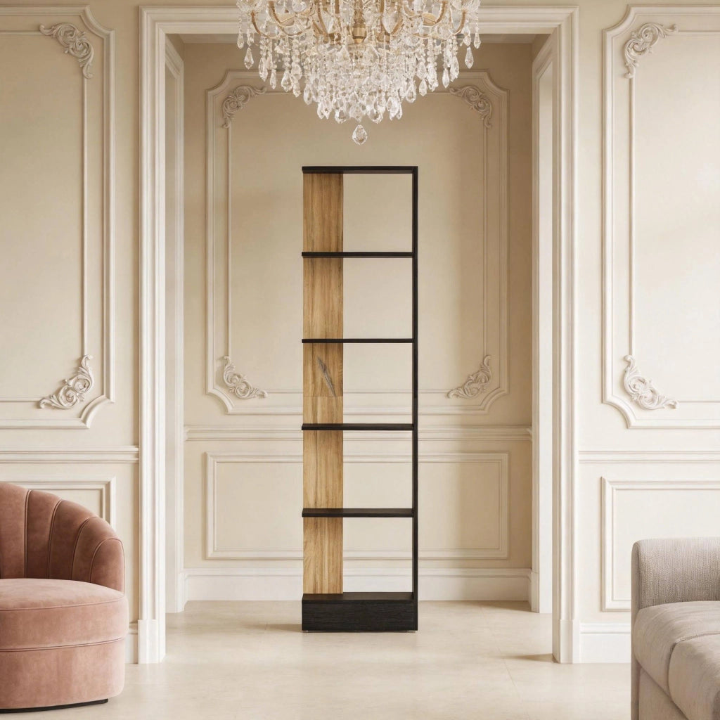 Libreria a 5 Ripiani Aperta in Truciolare Nero e Rovere, 45 x 21 x 170 cm