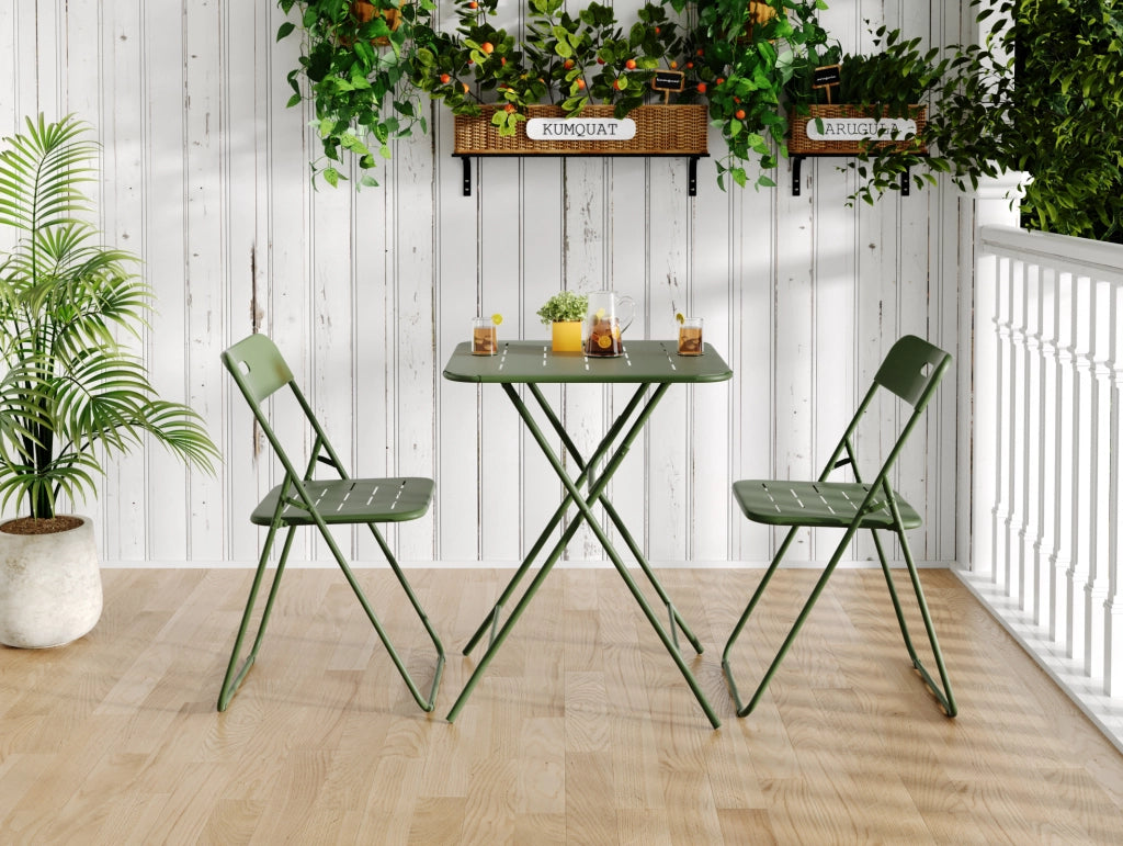 Set bistrot da esterno pieghevole verde con 2 sedie e tavolo