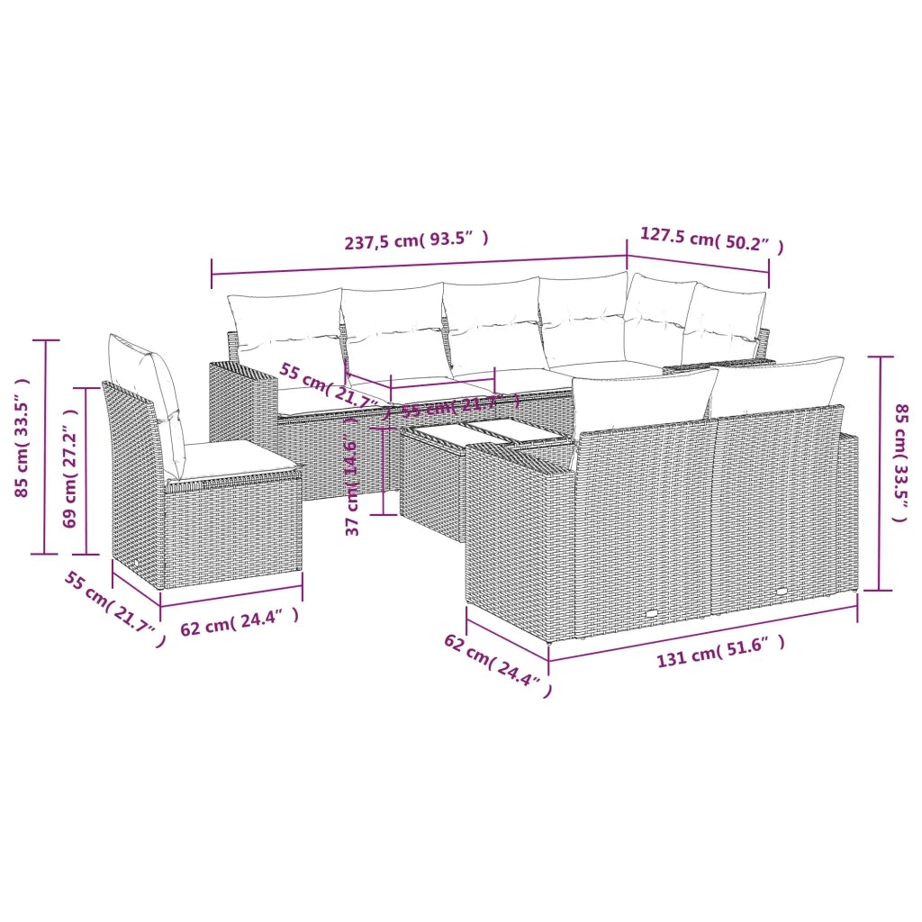 Set Divani da Giardino 9 pz con Cuscini Nero in Polyrattan 3251583