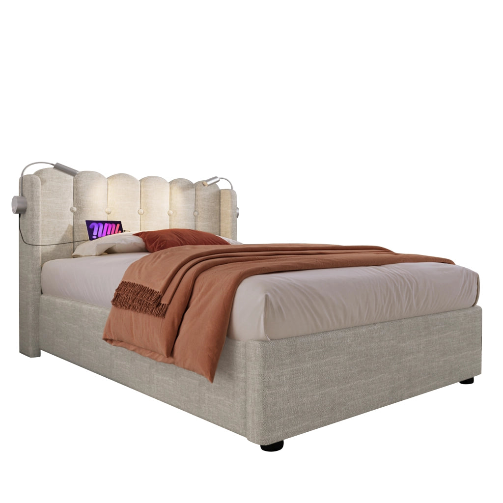 OKWISH Letto contenitore 90×200 cm, Letto Singolo con Testiera, Lampada da Lettura e USB, senza Materasso, in Lino, Naturale