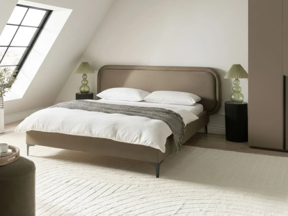 Letto matrimoniale EU Beige Velvet 160 x 200 cm Imbottito Telaio Poggiatesta