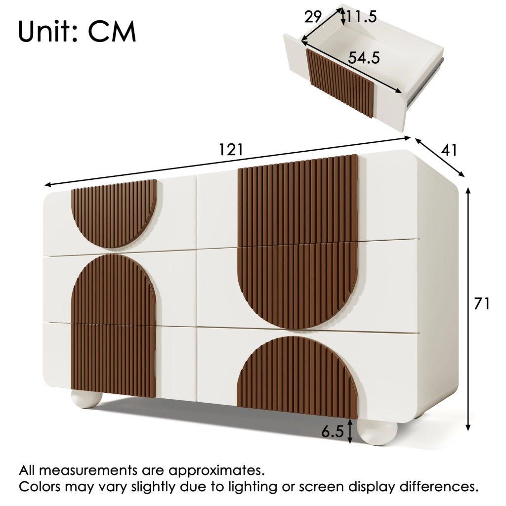 ???ò a 6 cassetti con design curvo; bianco; 121x41x71 cm in MDF e legno massiccio