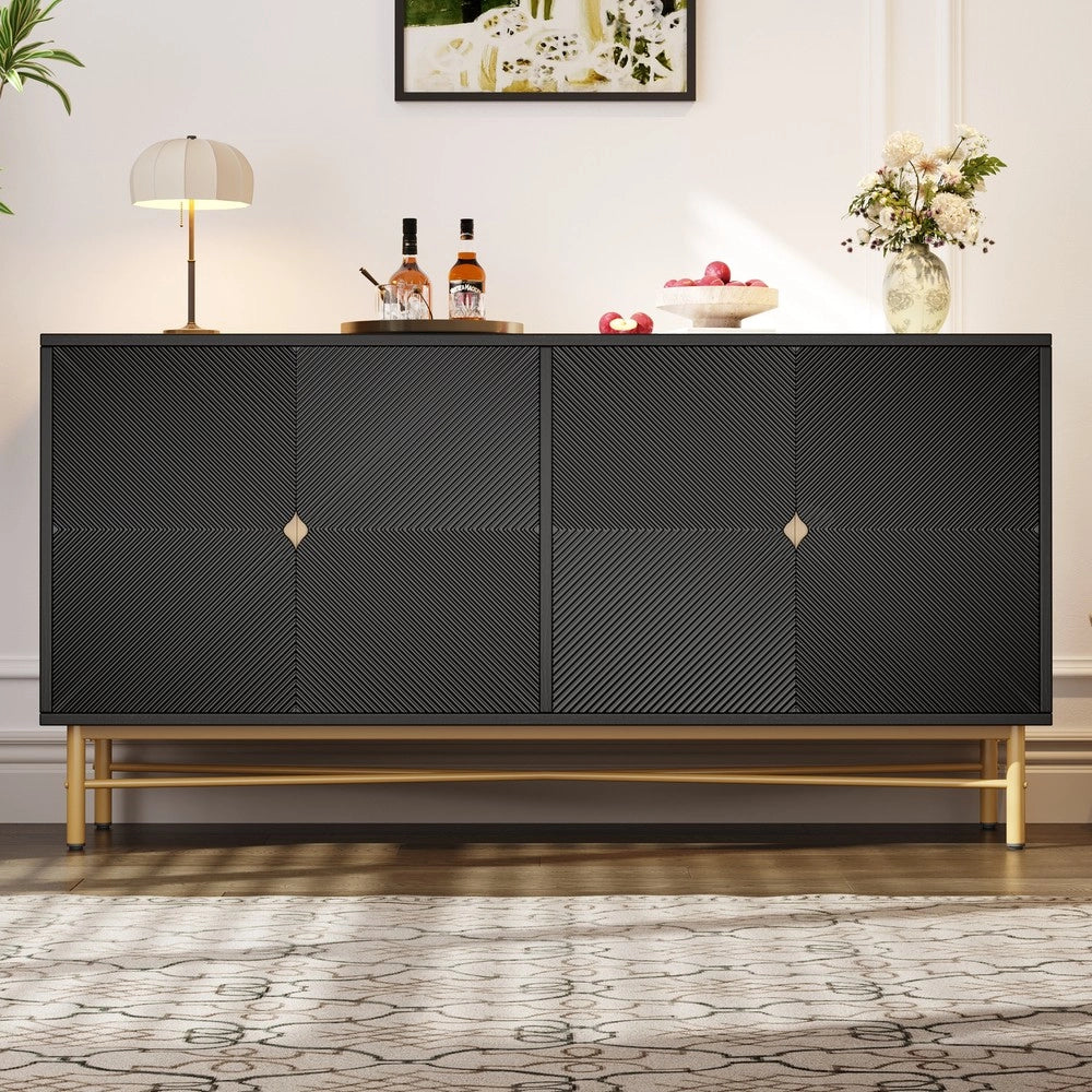Credenza 4 Ante con Texture in Rilievo ¨C MINIMAL ¨C Nero Lucido, Gambe Dorate, 160x40x82cm