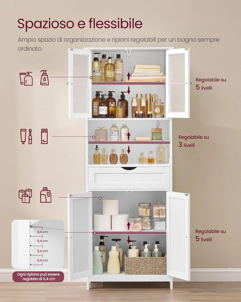 VASAGLE Mobiletto Contenitore, Armadietto da Bagno, con Ripiani Regolabili, Cassetto, Scomparti Aperti, per Bagno, Soggiorno, Sala da Pranzo, Bianco Nuvola BBC768W01