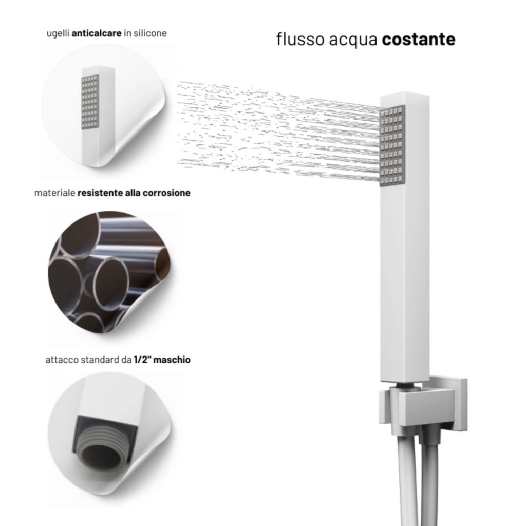Set per doccia soffione quadro in acciaio inox 25x25 millimetri opaco *** tinta bianco, confezione 1