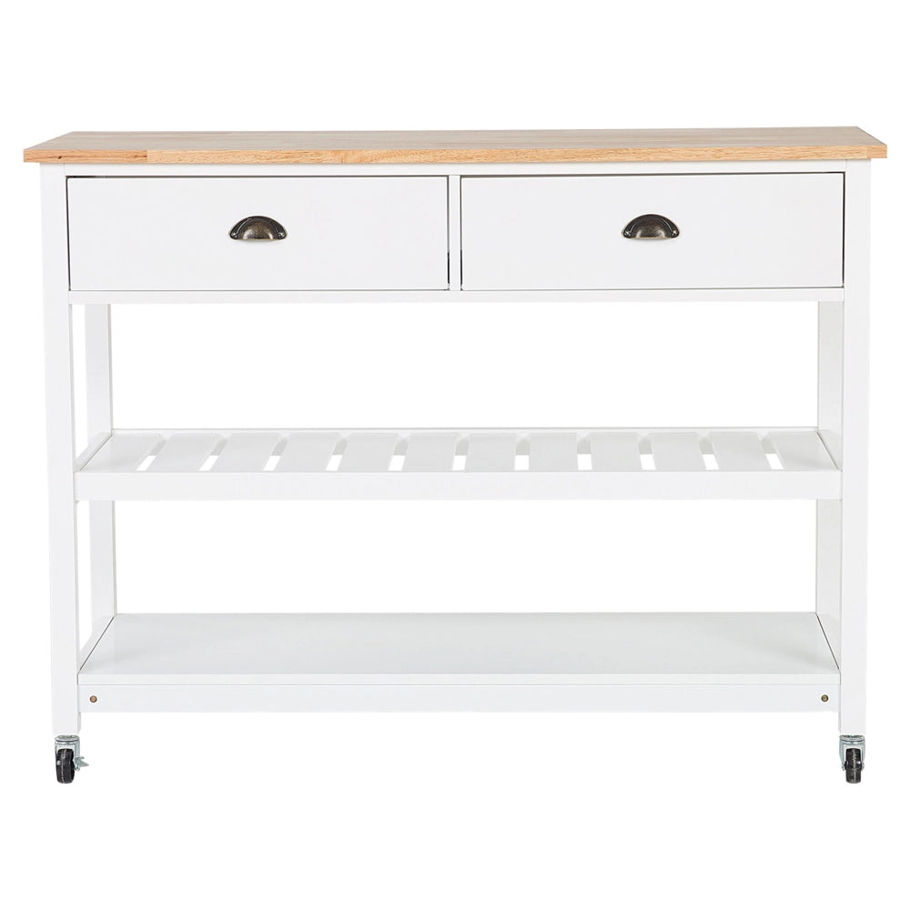 Carrello Cucina Bianco Legno Chiaro Piano 2 Ripiani 2 Posate Cassetti Rotelle Scandinavo Moderno