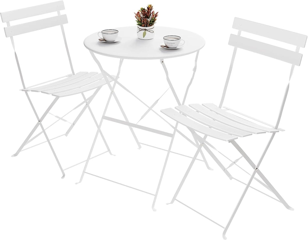 Set da Bistrot Pieghevole 3 Pezzi, Tavolo da Giardino Bistrot in Metallo, 1 Tavolo e 2 Sedie per Piccoli Balconi, Resistente alle Intemperie, per Balcone, Giardino e Terrazzo, Bianco