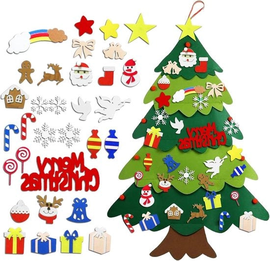 Vilten kerstboom decorativo per bambini - set di decorazioni per albero di Natale in velluto - 32 pezzi di decorazione da staccare - decorazione per parete porta.