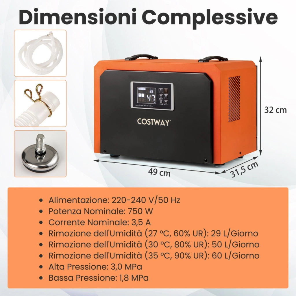 Deumidificatore commerciale con tubo di scarico e timer 24H per cantina, Deumidificatore per spazi angusti da 60L Arancione-Condizionatori aria