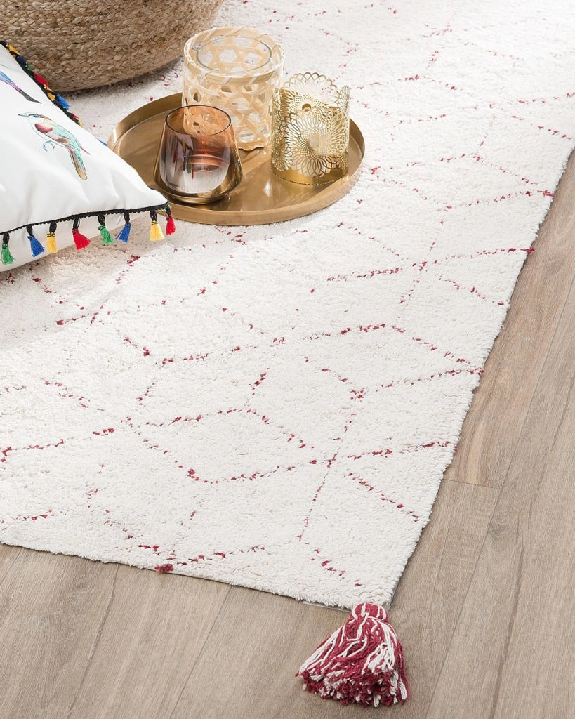 Tappeto tappetino Cotone Bianco 80 x 150 cm Rettangolare con Nappe Trapuntate Motivo Geometrico Orientale