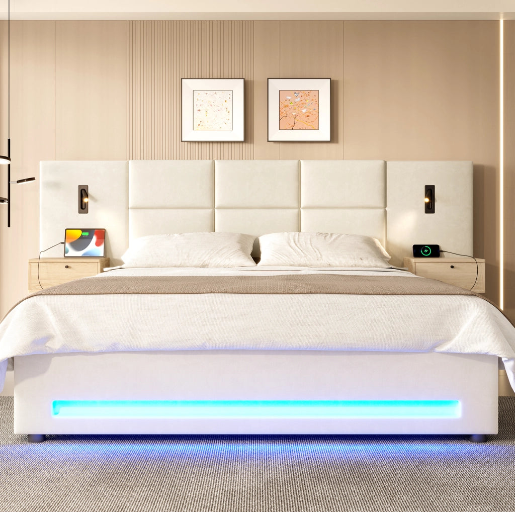 Letto matrimoniale imbottito 180x200 cm in velluto beige con contenitore; USB-C e LED