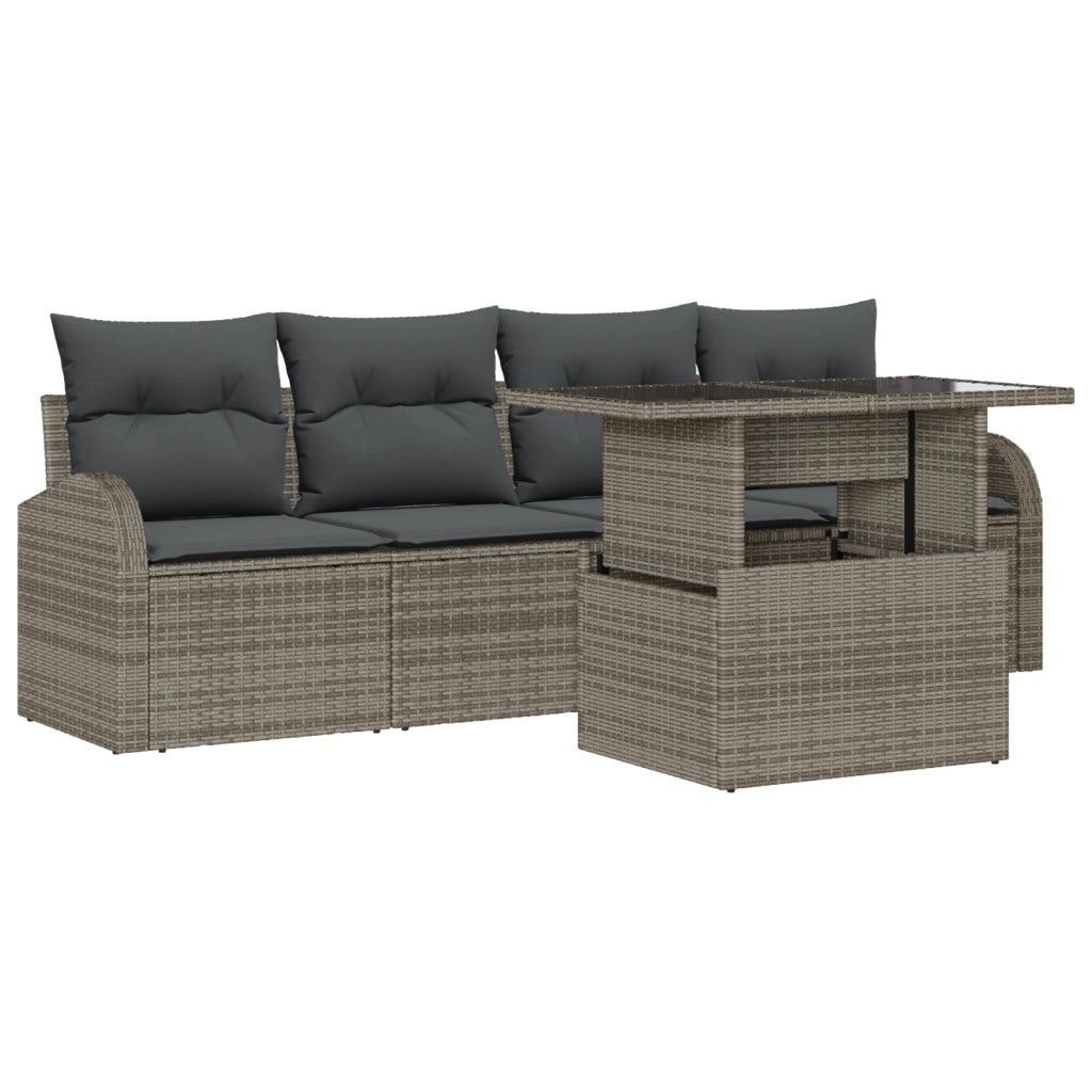 Set di divano da giardino a 5 pezzi con cuscini grigio in polyrattan