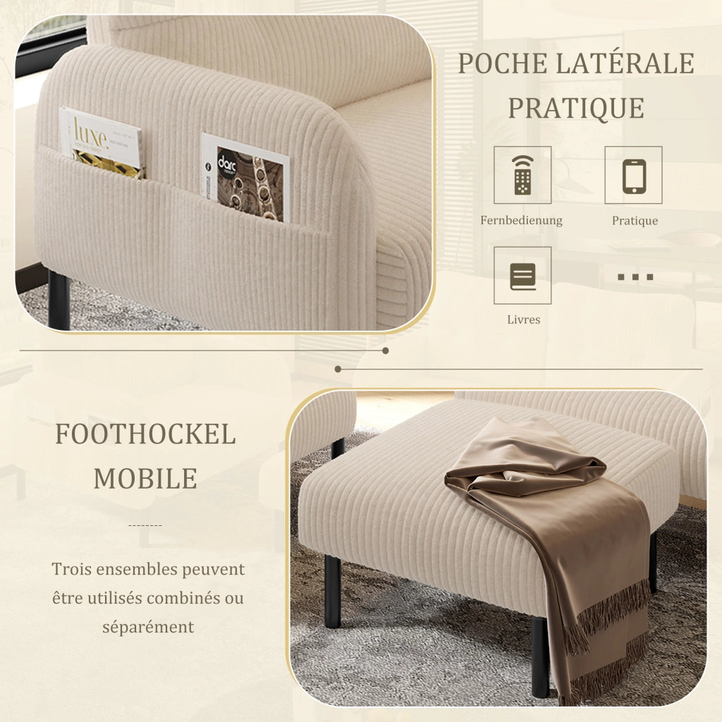 Divano con Poltrona e Poggiapiedi Modulare con Tasca Laterale e Seduta Profonda in Velluto a Coste Beige