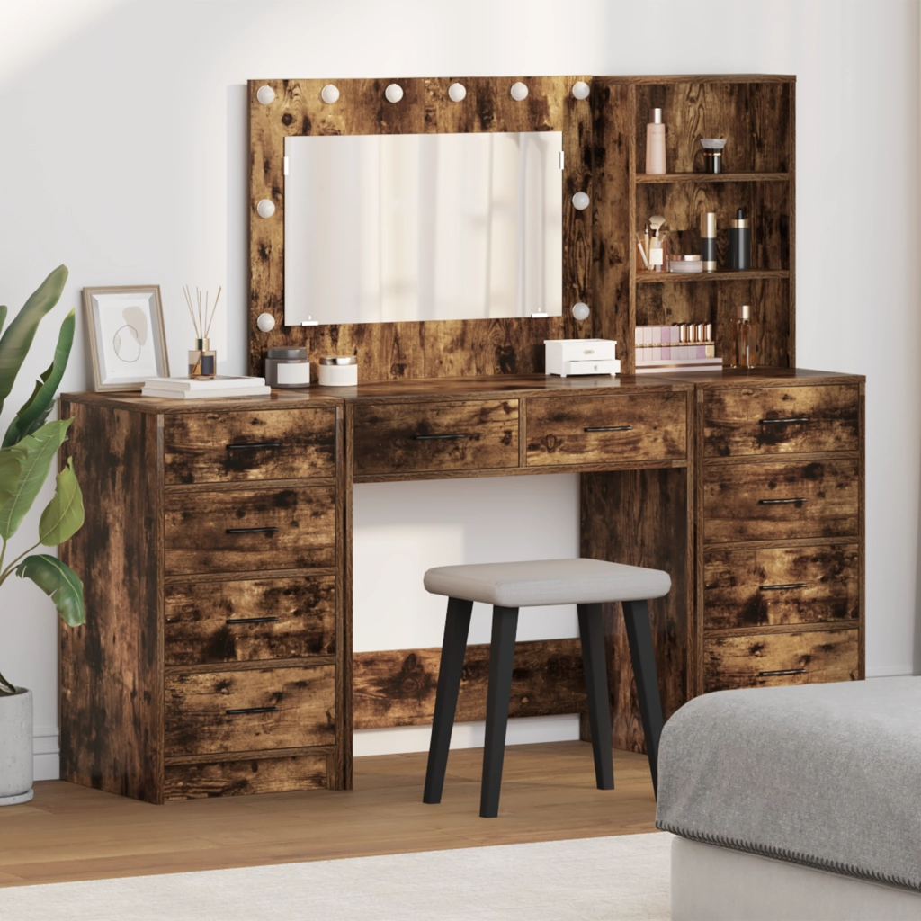 Set da 3 pezzi di toeletta con LED in rovere affumicato, in legno ingegnerizzato