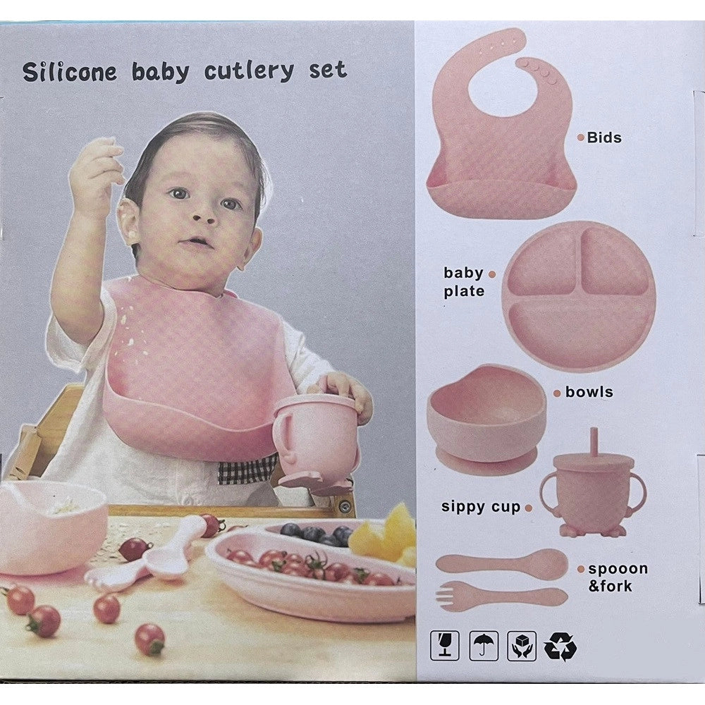 Trade Shop - Set 10pz Pappa Svezzamento Bambini Silicone Piatto Ciotola Cucchiaio Forchetta Bavaglini -